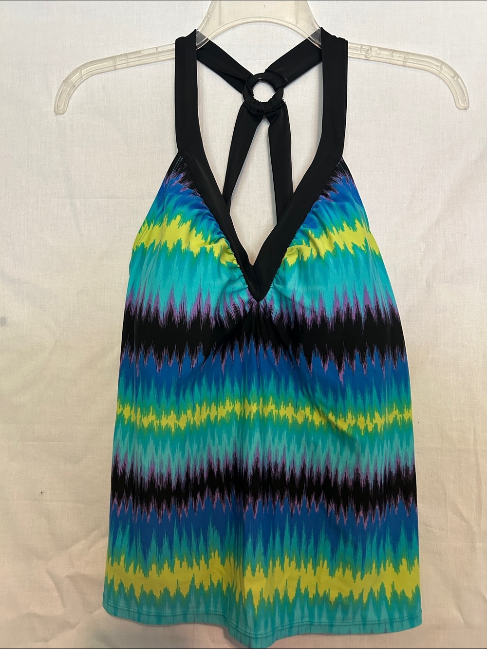 Jantzen Blue Teal Yellow Wave-Print V-Neck Tankini Top with Black Straps